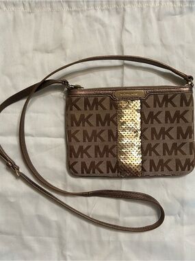 Michael Kors Brown MK Logo Crossbody with Gold Sequin Center